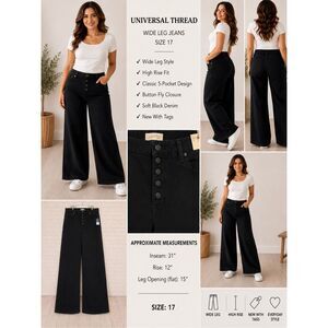 Universal Thread Wide Leg Jeans Size 17 Black High Rise Wide Opening NWT